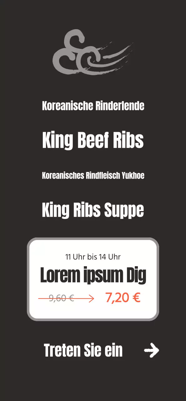 Werbung für ein sauberes, koreanisch inspiriertes Restaurant mit Bildern von koreanischem Rindfleisch auf schwarzem Hintergrund