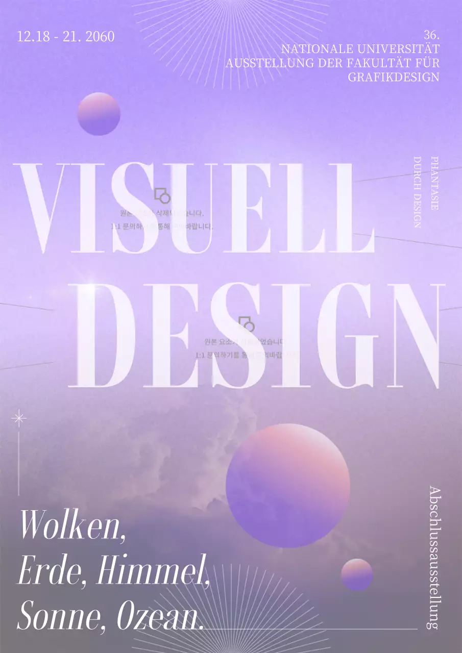 Flyer für die Abschlussausstellung mit lila Kreisgrafik und Wolkenfoto