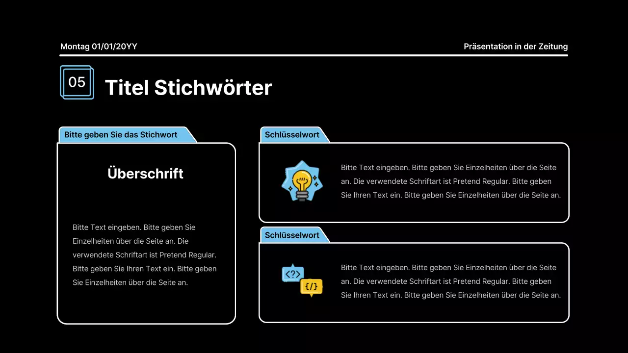 Aufmerksamkeitsstarke Präsentation mit fetten Linien in einem Zeitungskonzept auf schwarzem Hintergrund