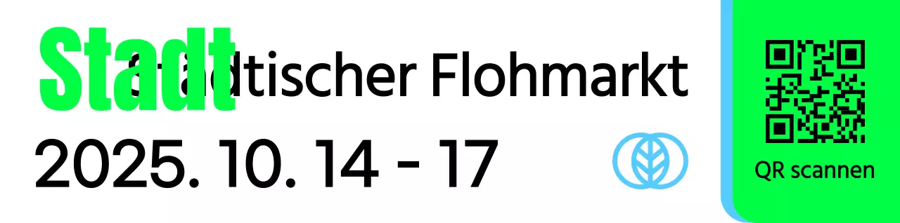 Ein Werbeschild mit einer grünen, himmelschwarzen Flohmarktankündigung und mehreren Abbildungen von Formen.