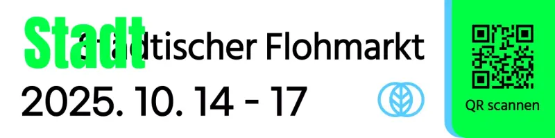 Ein Werbeschild mit einer grünen, himmelschwarzen Flohmarktankündigung und mehreren Abbildungen von Formen.