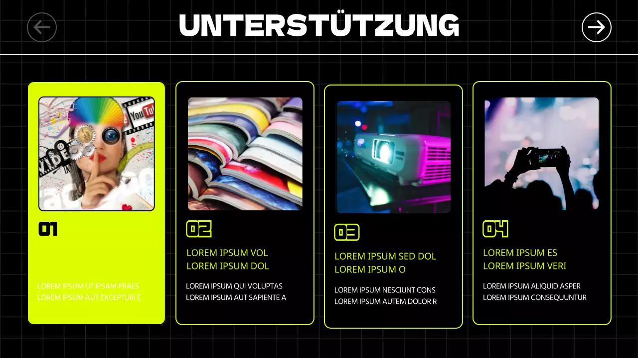 Kitschig illustrierte Aufkleber und fette Schriften in Schwarz und Neonfarben verleihen den Auftritts- und Mietführern einen rhythmischen Charakter.