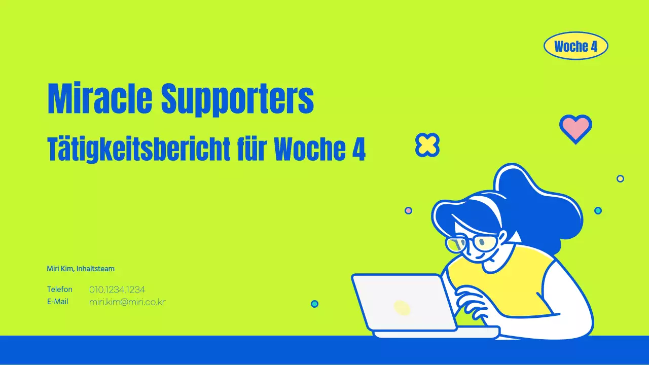 Ein schöner lindgrüner und blauer Bericht über die Aktivitäten der Unterstützer