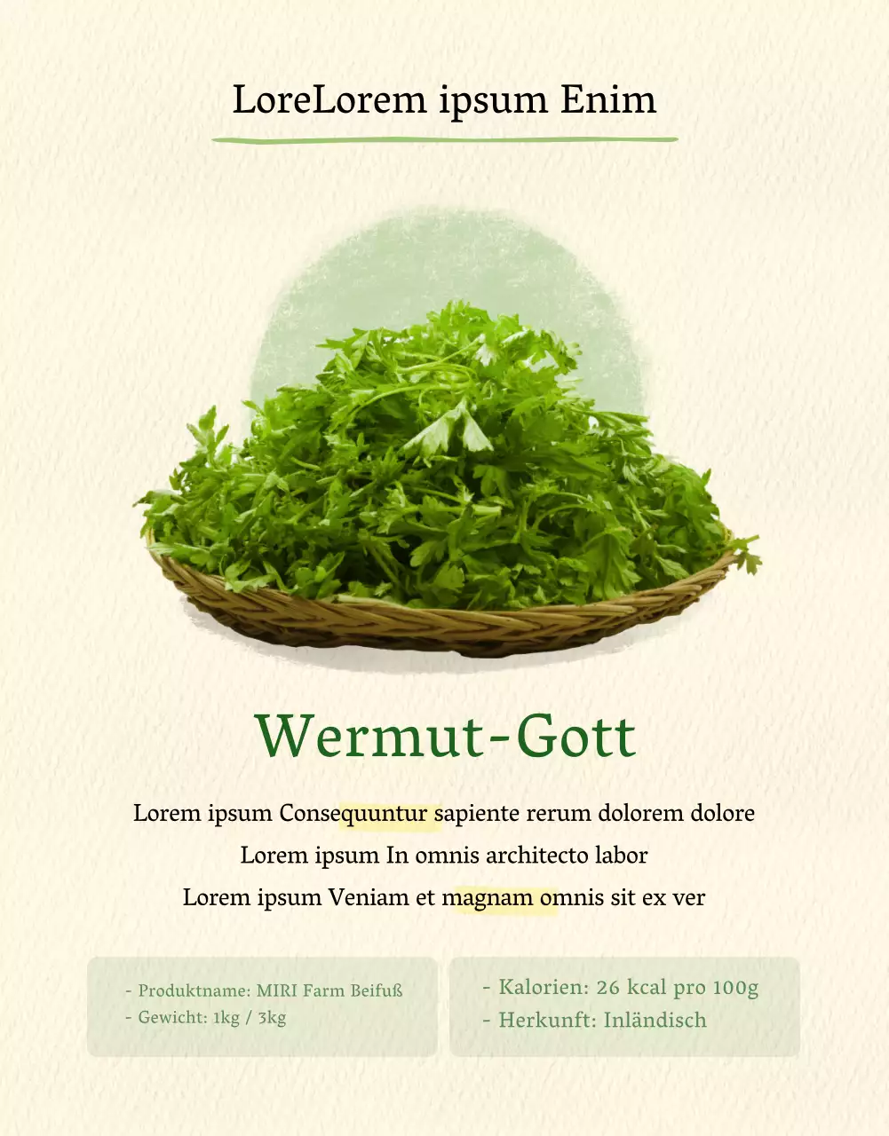 Beifuß-Werbemarketing mit Aquarellillustrationen auf grünem und beigem Hintergrund