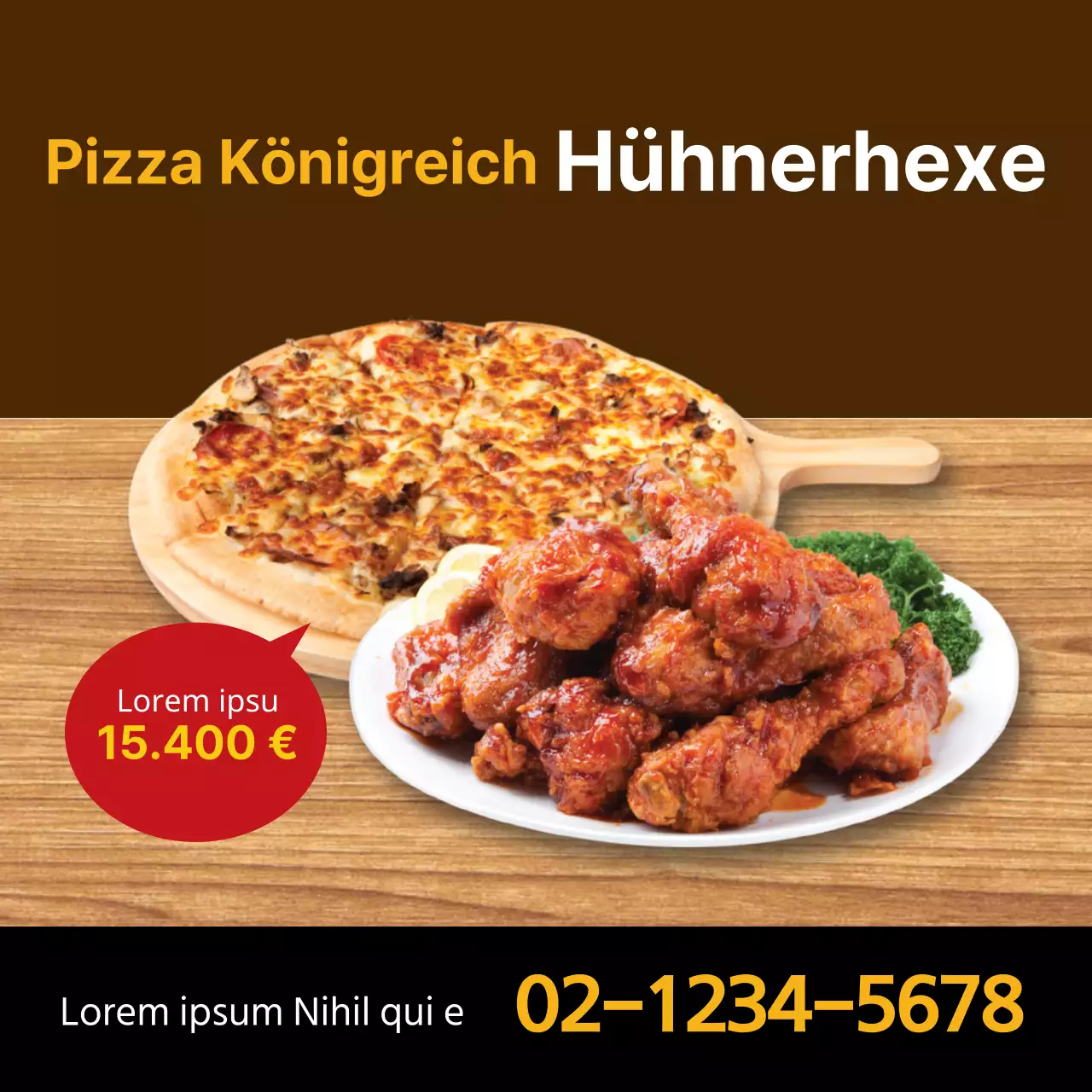 Braunes Foto unterstreicht sauberes Restaurant, das für Pizzahuhn wirbt