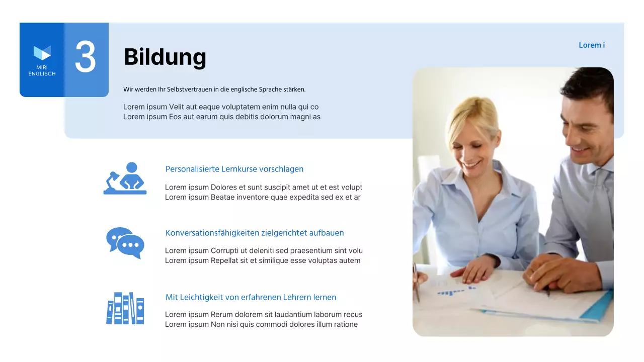 Ein einfacher blau-weißer Geschäftsprospekt für eine englische Sprachschule