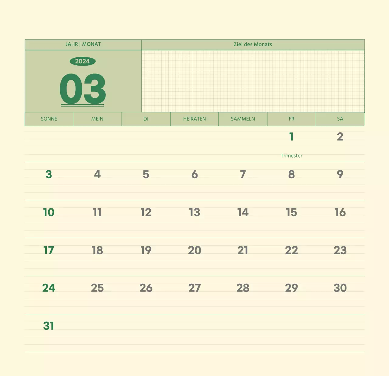 SAT D-day Notizblock Konzept Wandkalender in grün und hellgelb