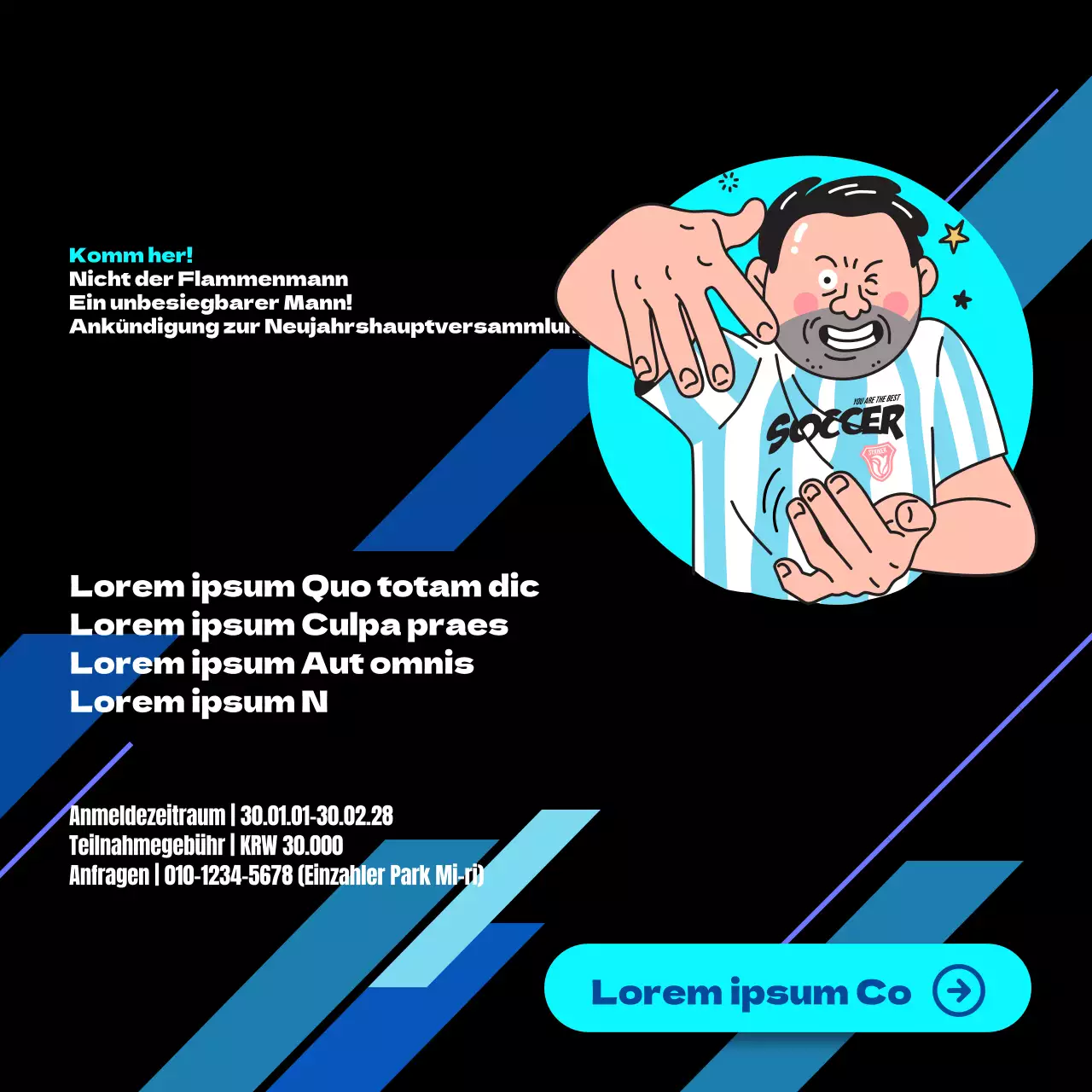 Ankündigung der Neujahrs-Generalversammlung der schwarz-blauen Onkel-Fußballmannschaft mit einem lustigen Illustrationskonzept