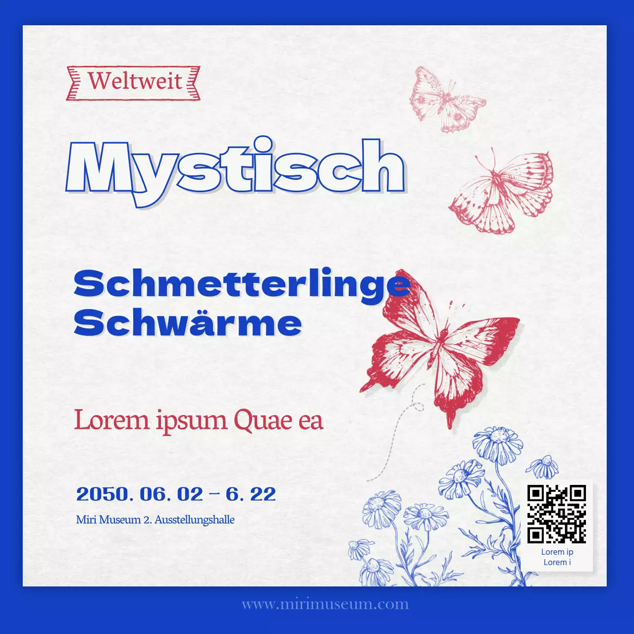 Retro-Konzept Schmetterlingsexemplar Ausstellung in blau und rot