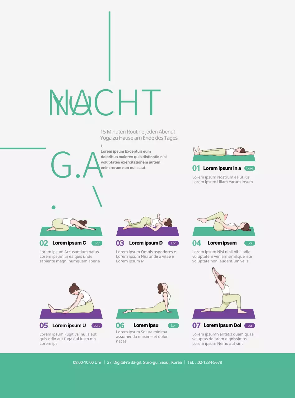 Informieren und werben für Yoga in einem schlichten grün-lila Stil