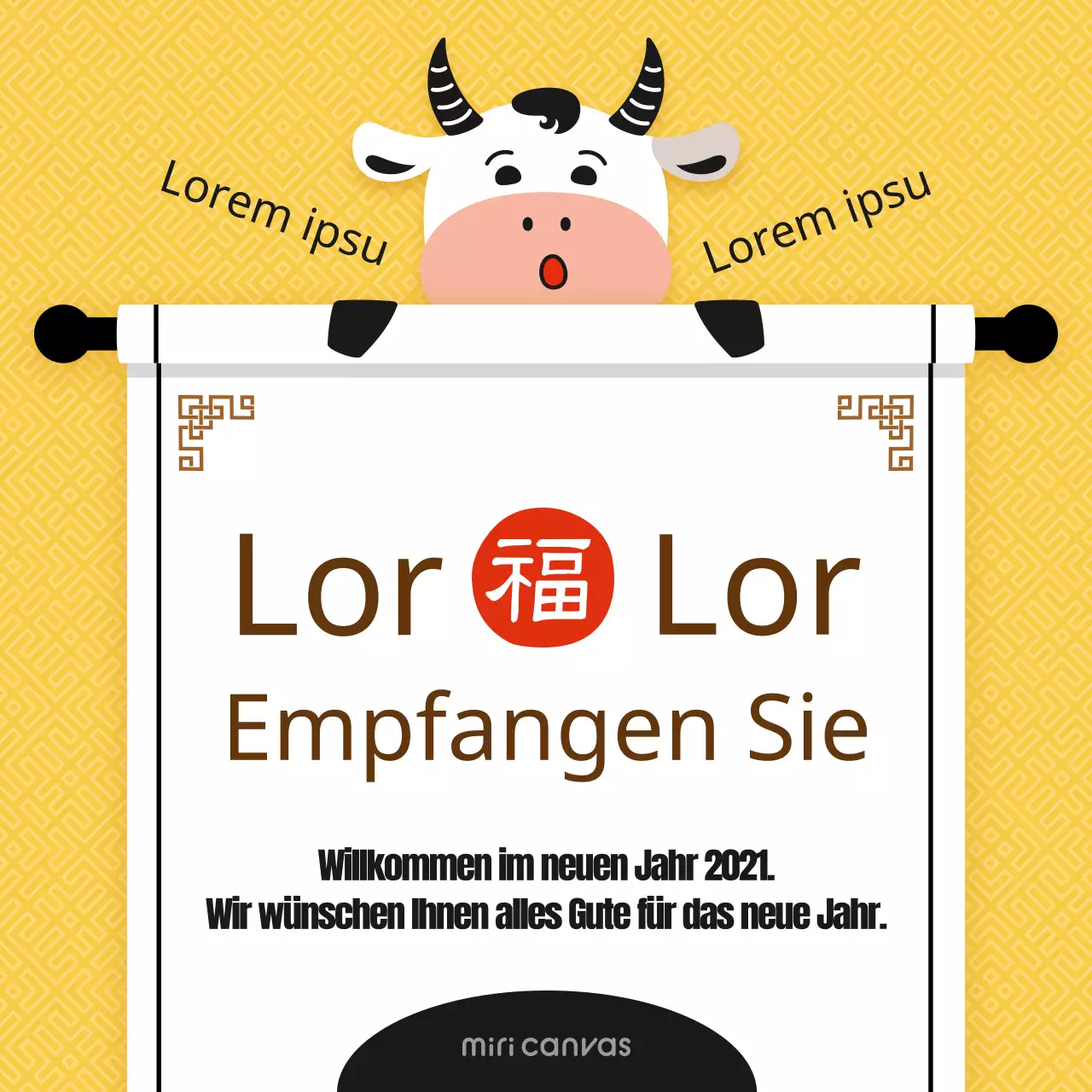 Neujahrsgrüße mit einem niedlichen Konzept in Gelb