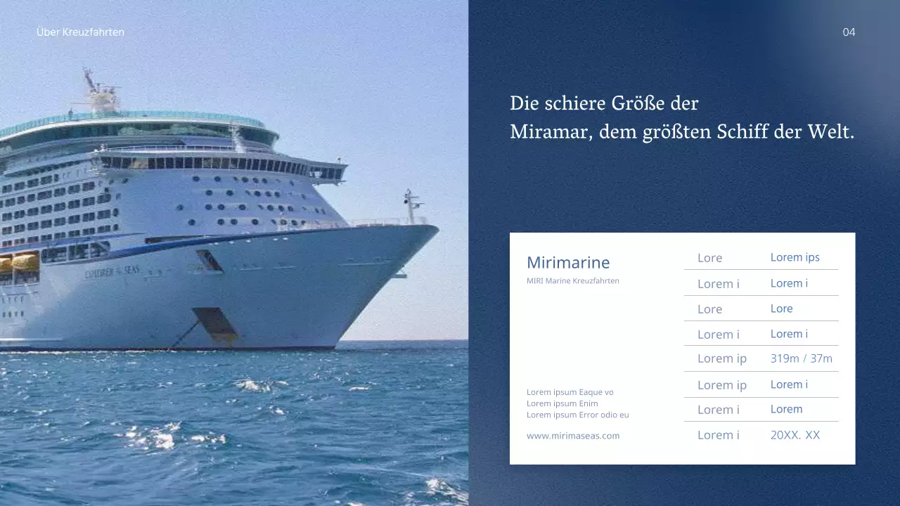 Ein einfaches, sauberes Kreuzfahrtprodukt mit tiefem Marineblau und klarem Weiß für gute Lesbarkeit