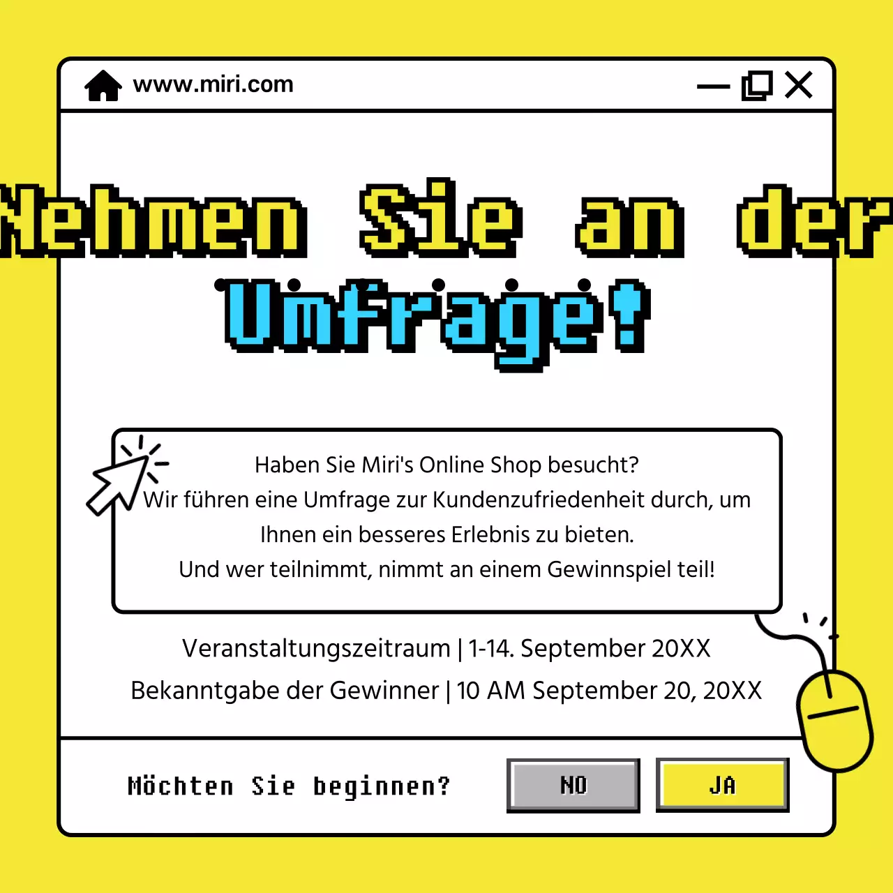 Anzeige für eine Umfrage mit gelbem, neonfarbenem Internet-Fensterkonzept
