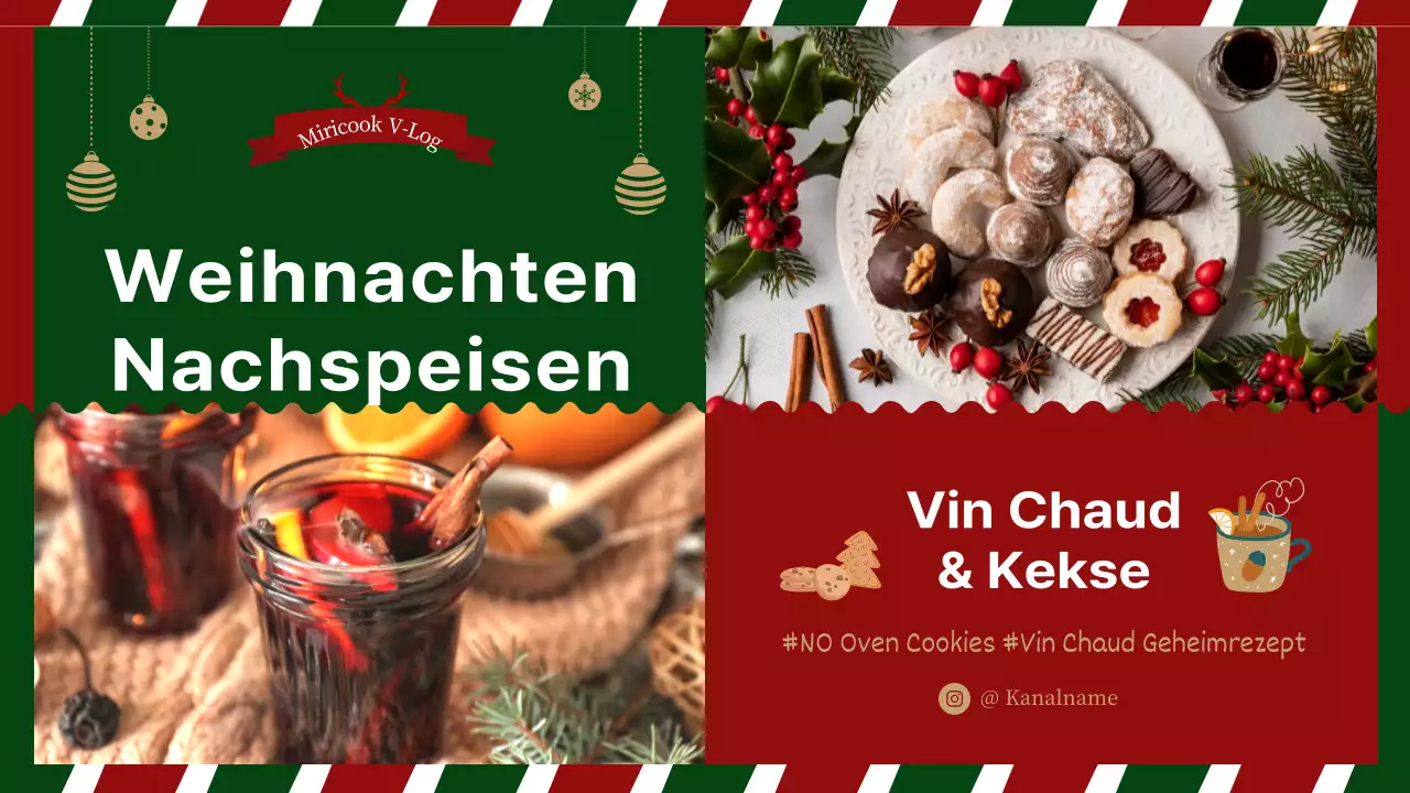 Kreieren Sie ein grünes und rotes Weihnachtsdessert mit Fotohintergrund