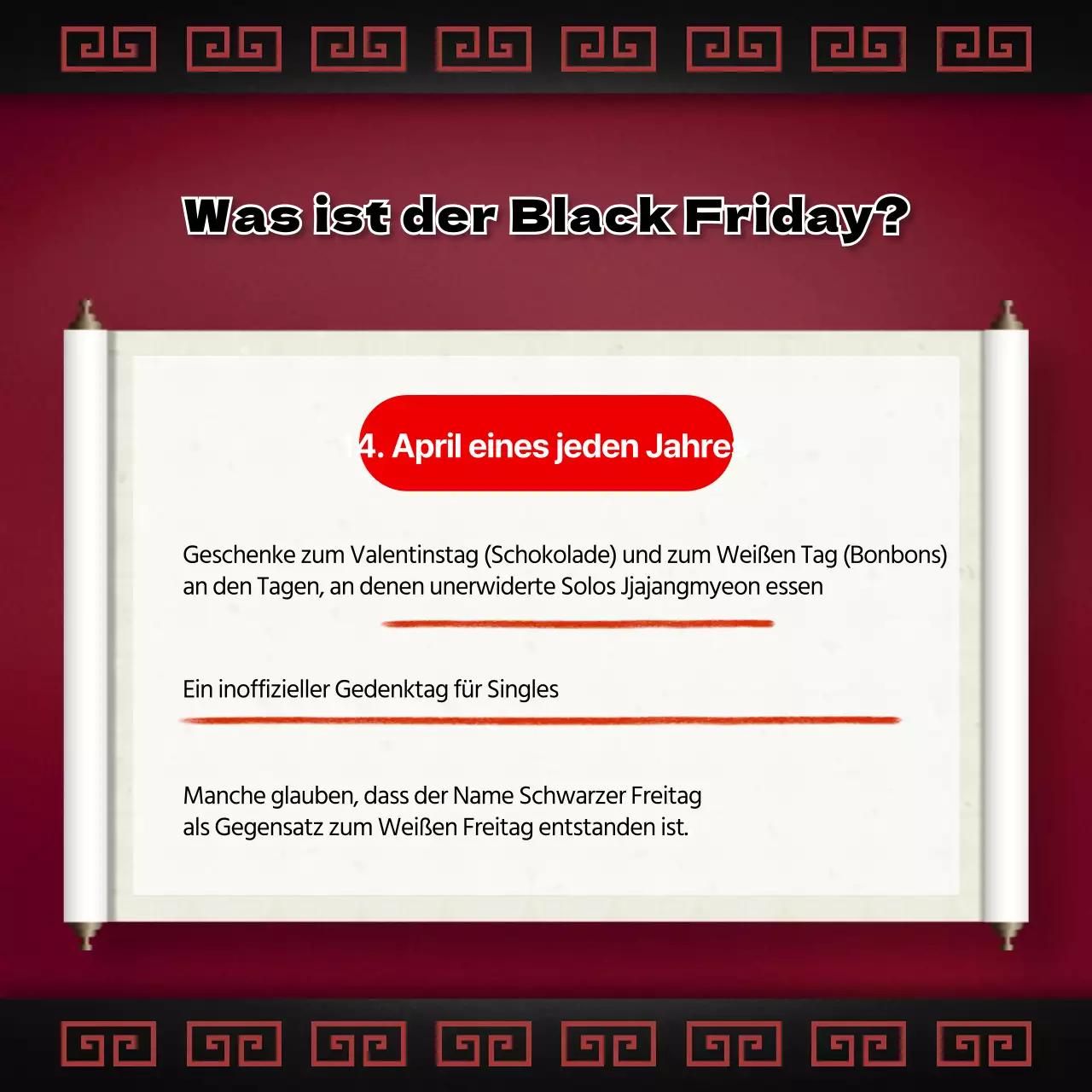 Rote Schriftrollen werben für die Einführung des traditionellen "Black Day Jajangmyeon Meal Kit