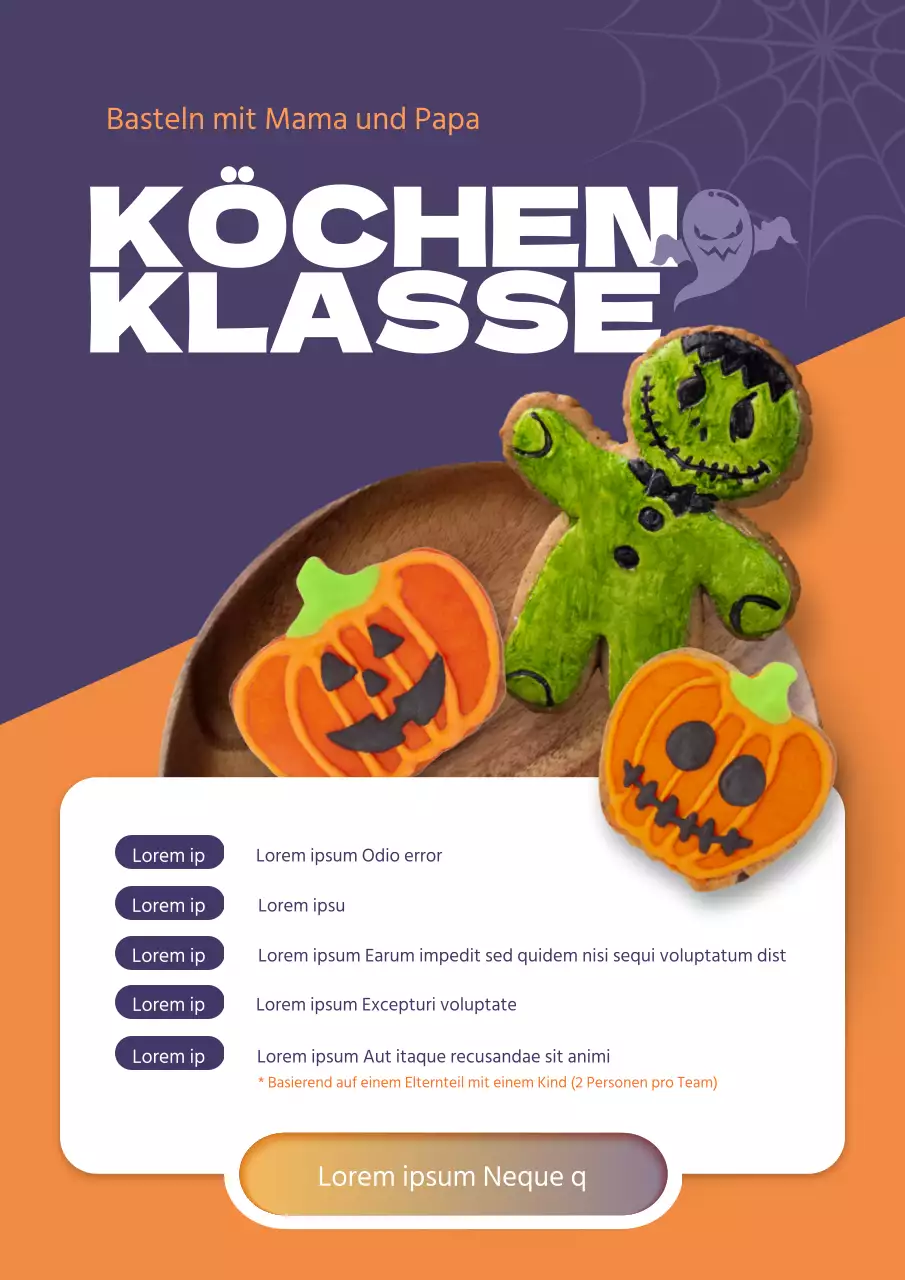 Bewerben Sie einen niedlichen Kochkurs mit lila Halloween-Keksen und Kinderfiguren