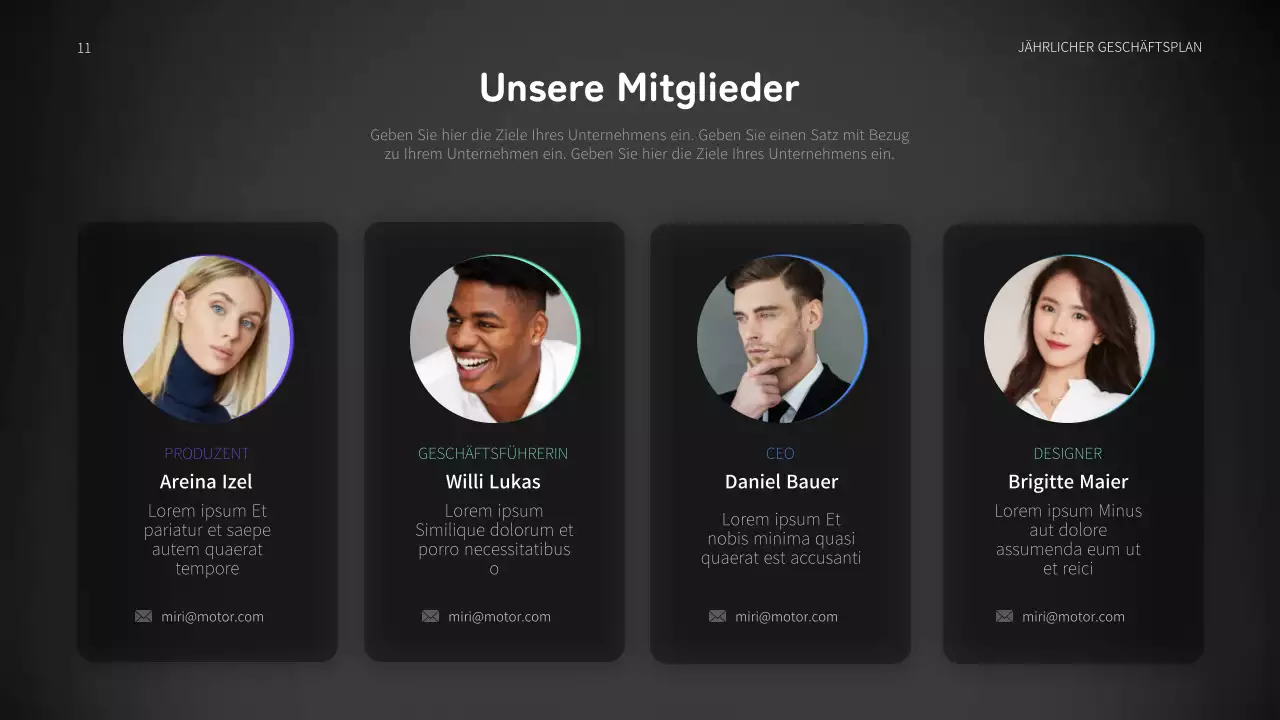 Jährlicher Geschäftsplan für die Automobilindustrie mit blauen und schwarzen beweglichen Grafiken