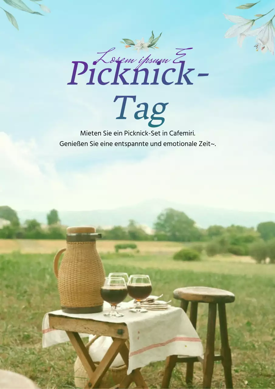 Werben Sie für die Vermietung von Picknick-Sets, indem Sie Fotos in Blau und Grün hervorheben