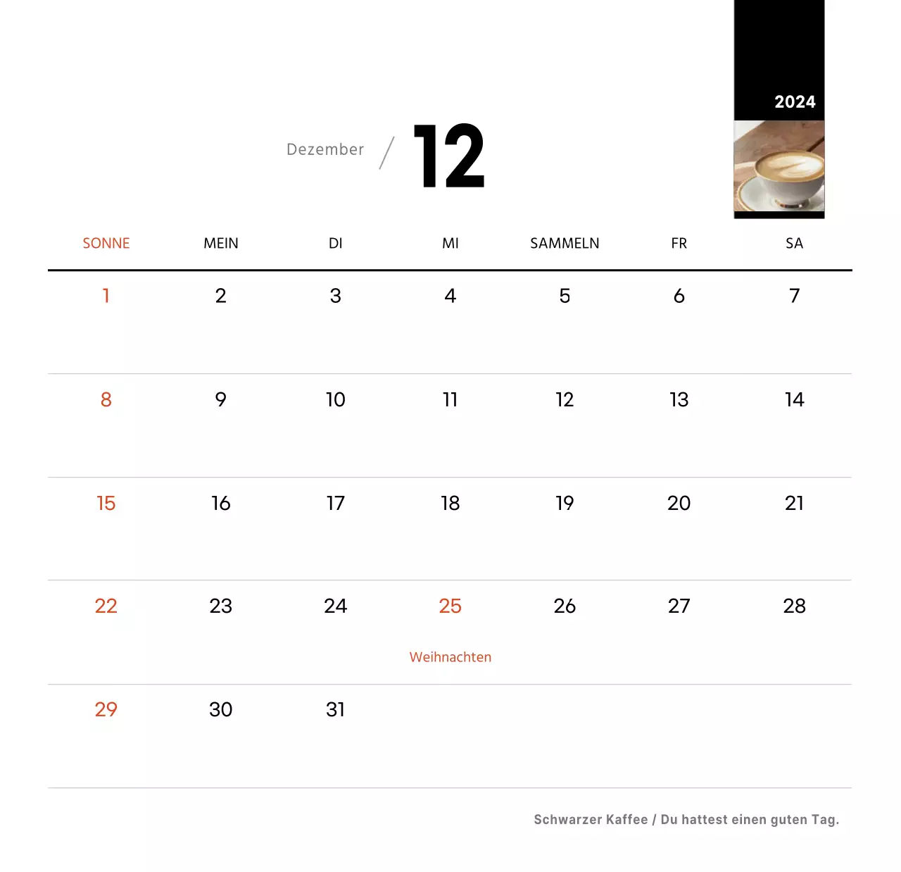 Weißes einfaches Kaffee Foto Tischkalender für Cafe