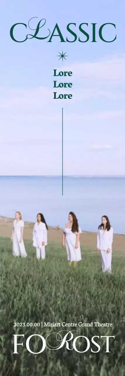 Pointillistische quasi-klassische Performance mit statischen Fotos von üppigen Feldern und edlen Schriftarten