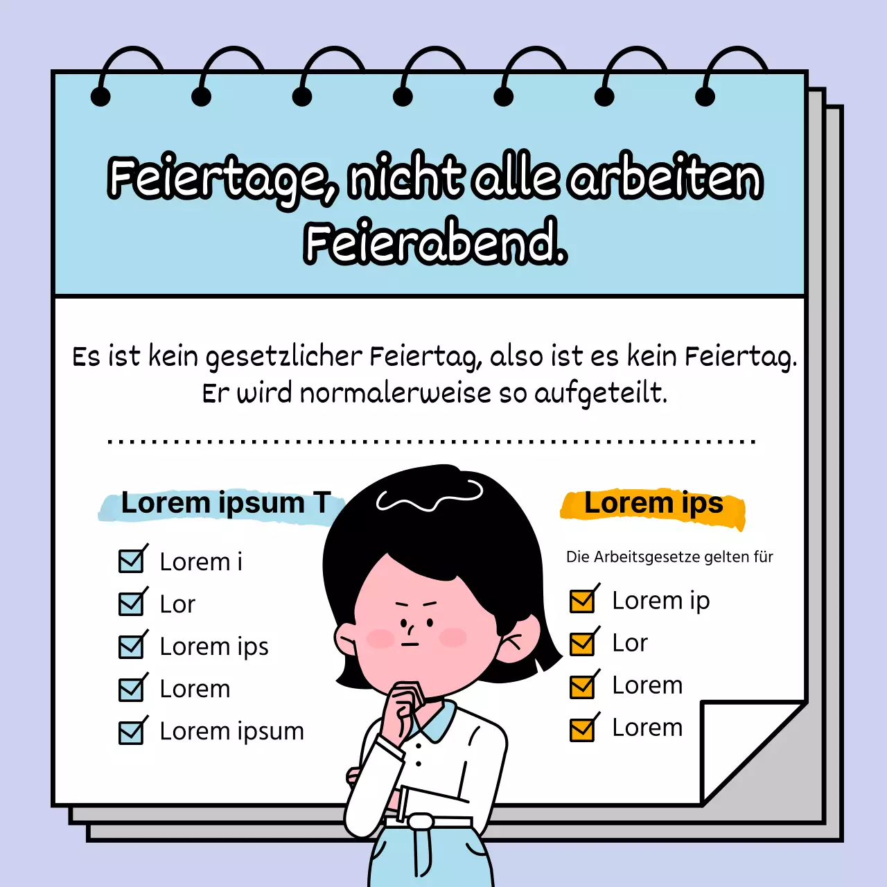 Lernen Sie mit einer pastellfarbenen, quirligen weiblichen Figur Wissenswertes über die Feiertage