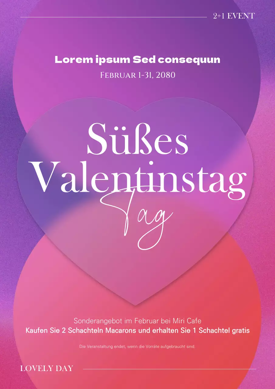 Weißer Tag mit lila transparenten Herzen und Formen