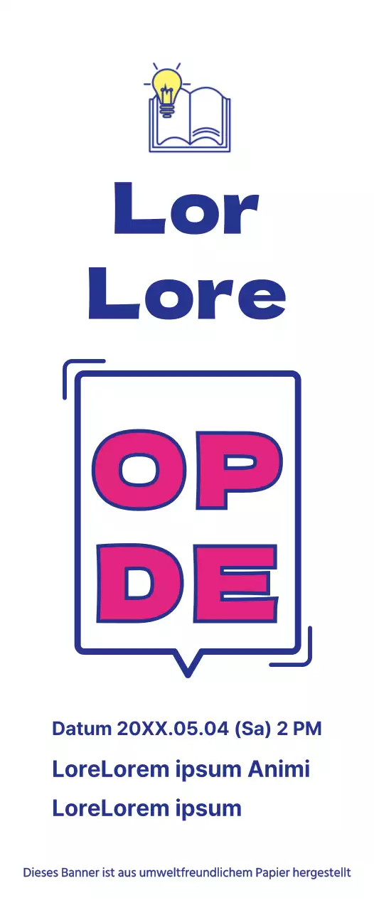 Ankündigung der Eröffnung einer Bibliothek mit einem einfachen Sprechblasentextkonzept in Marineblau und Lila