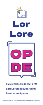 Ankündigung der Eröffnung einer Bibliothek mit einem einfachen Sprechblasentextkonzept in Marineblau und Lila