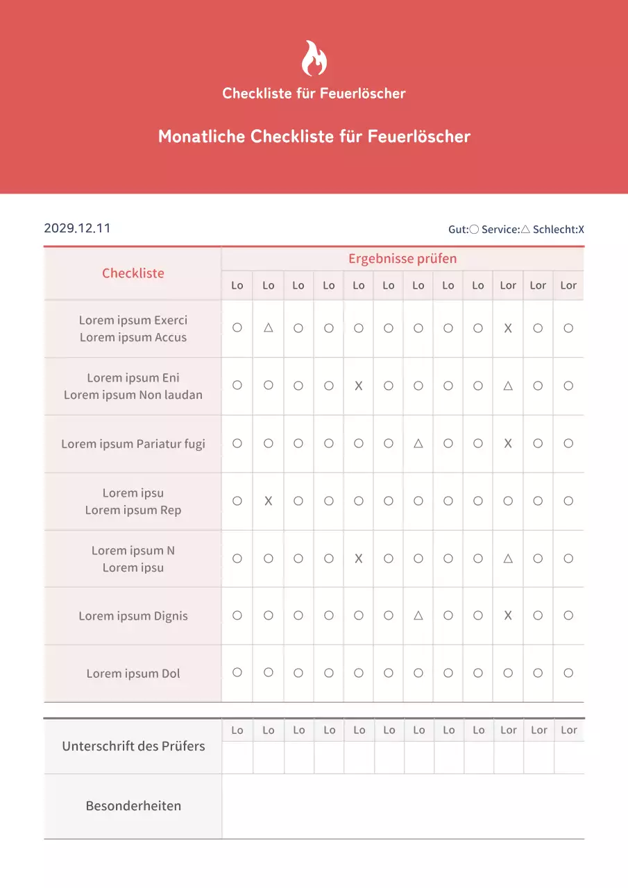 Monatliche Feuerlöscher-Checkliste in Rot und Weiß