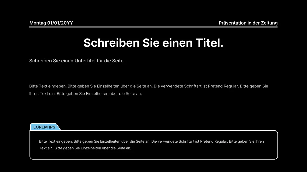 Aufmerksamkeitsstarke Präsentation mit fetten Linien in einem Zeitungskonzept auf schwarzem Hintergrund