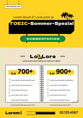 Saubere gelbe und schwarze Icons und Text, um für TOEIC zu werben