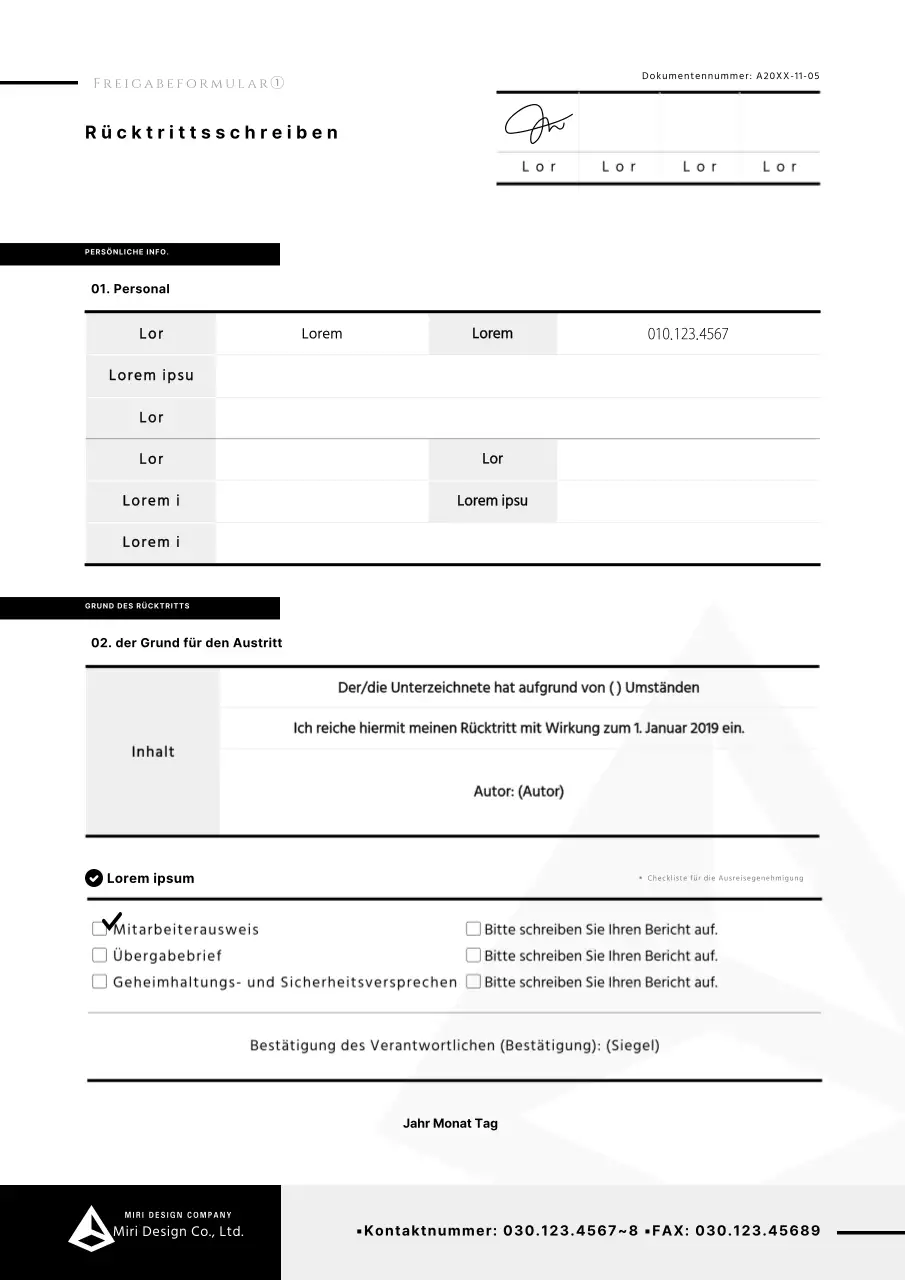 Einfaches Rücktrittsschreiben Vertraulichkeitsformular in schwarz