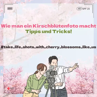 Tipps, wie man ein Foto von den Kirschblüten mit rosa Kirschblüten und einem Kamera-Rahmen-Illustrationskonzept macht