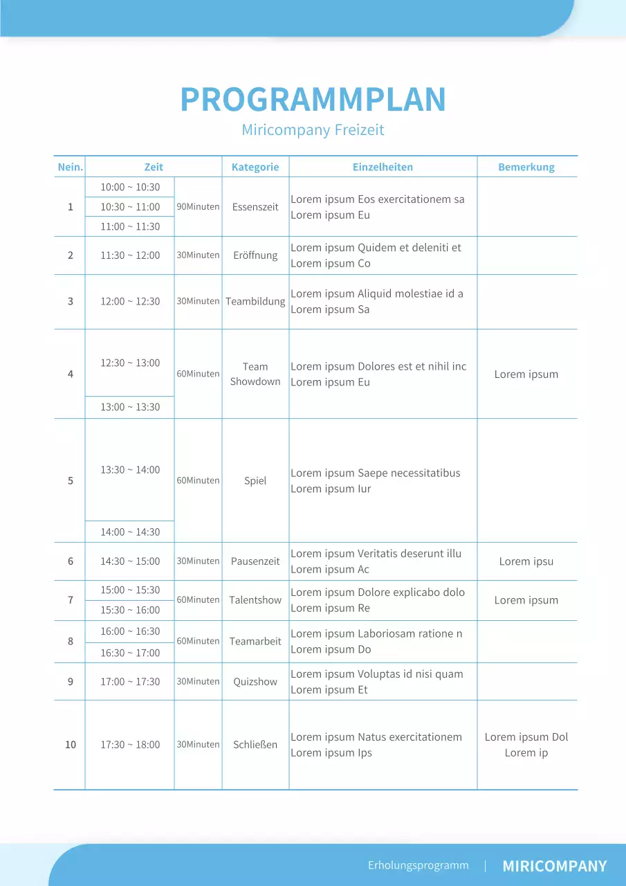 Einfaches Freizeitprogramm Veranstaltungsplan Dokumentformat in hellblau