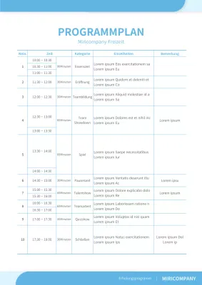 Einfaches Freizeitprogramm Veranstaltungsplan Dokumentformat in hellblau
