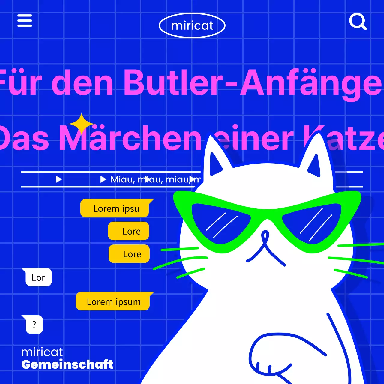 Vermitteln Sie Katzeninformationen im Retro-Internet-Look mit einer weißen Katzenillustration auf blauem Hintergrund