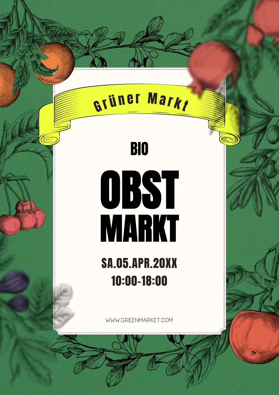 Bauernmarkt-Werbeplakat mit handgezeichnetem Obst auf grünem Hintergrund