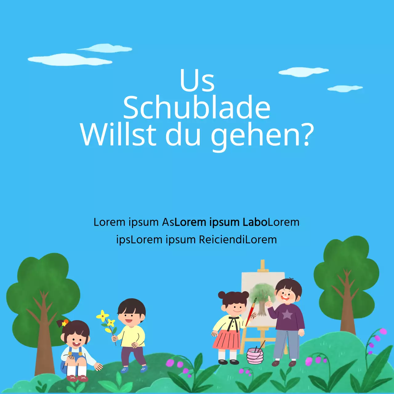 Anzeige für eine Kunstschule für Grundschüler in Blau.