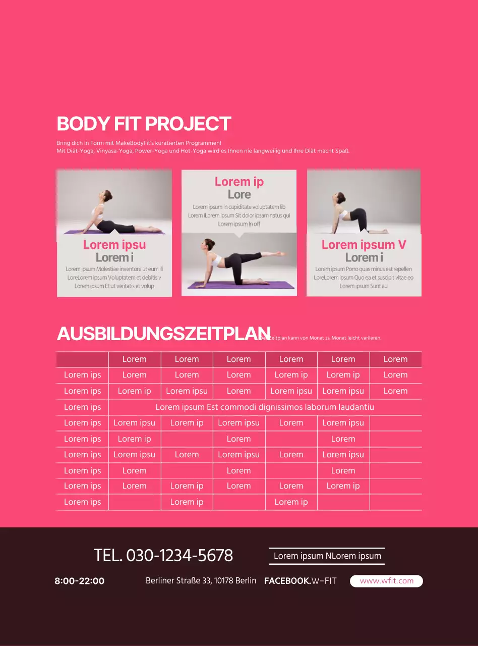 Information und Förderung von Yoga in einem einfachen Stil von klarem Rosa und Weiß
