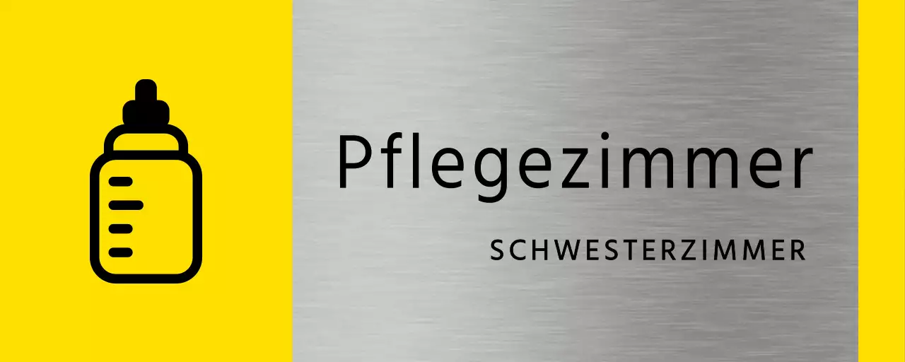 Einfaches Platzhalterschild in Gelb und Schwarz mit dem Namen des Stillraums im Gebäude und einem quadratischen Babyflaschensymbol.