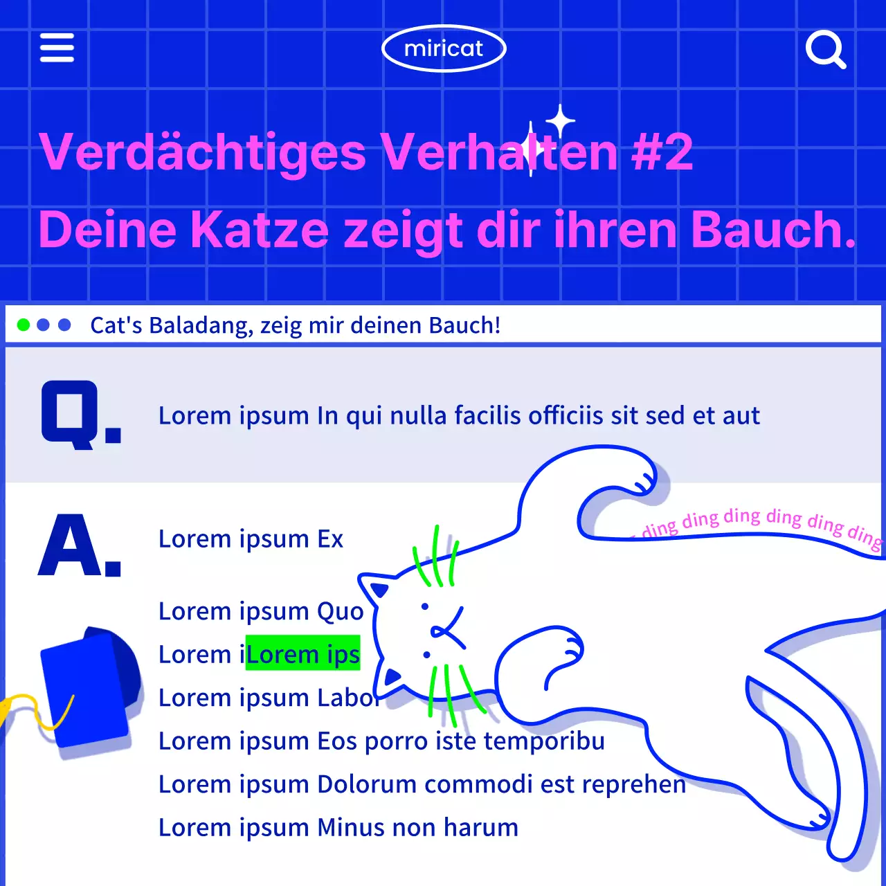 Vermitteln Sie Katzeninformationen im Retro-Internet-Look mit einer weißen Katzenillustration auf blauem Hintergrund