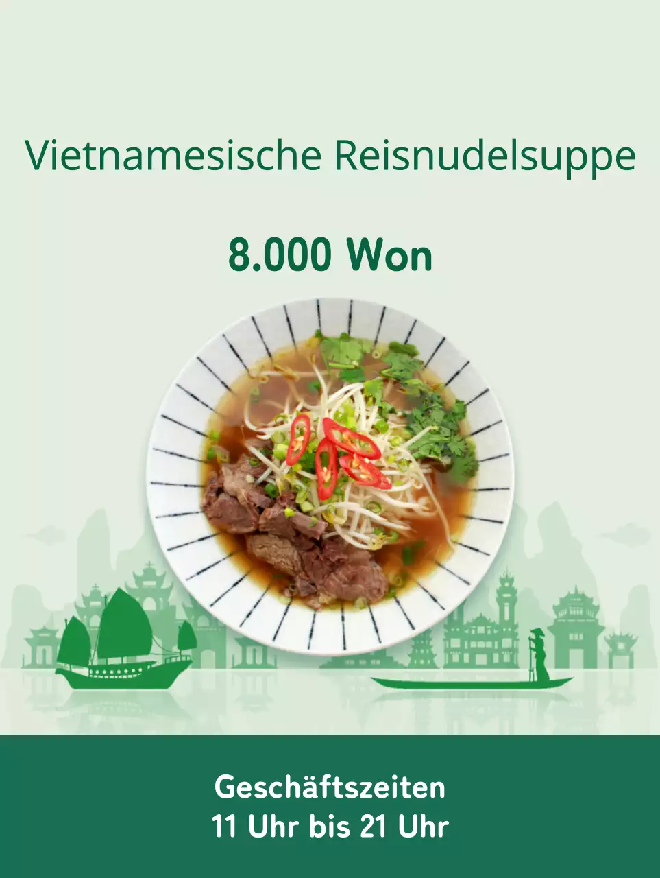 Werbung für eine saubere Speisekarte mit einem Bild von Reisnudeln in einer grünen Akzentfarbe