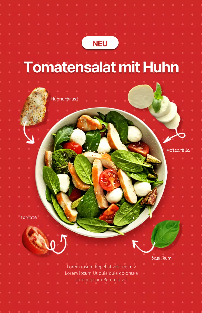 Werbung für ein neues Salatmenü mit einem rot-weißen Punktmuster als Hintergrund