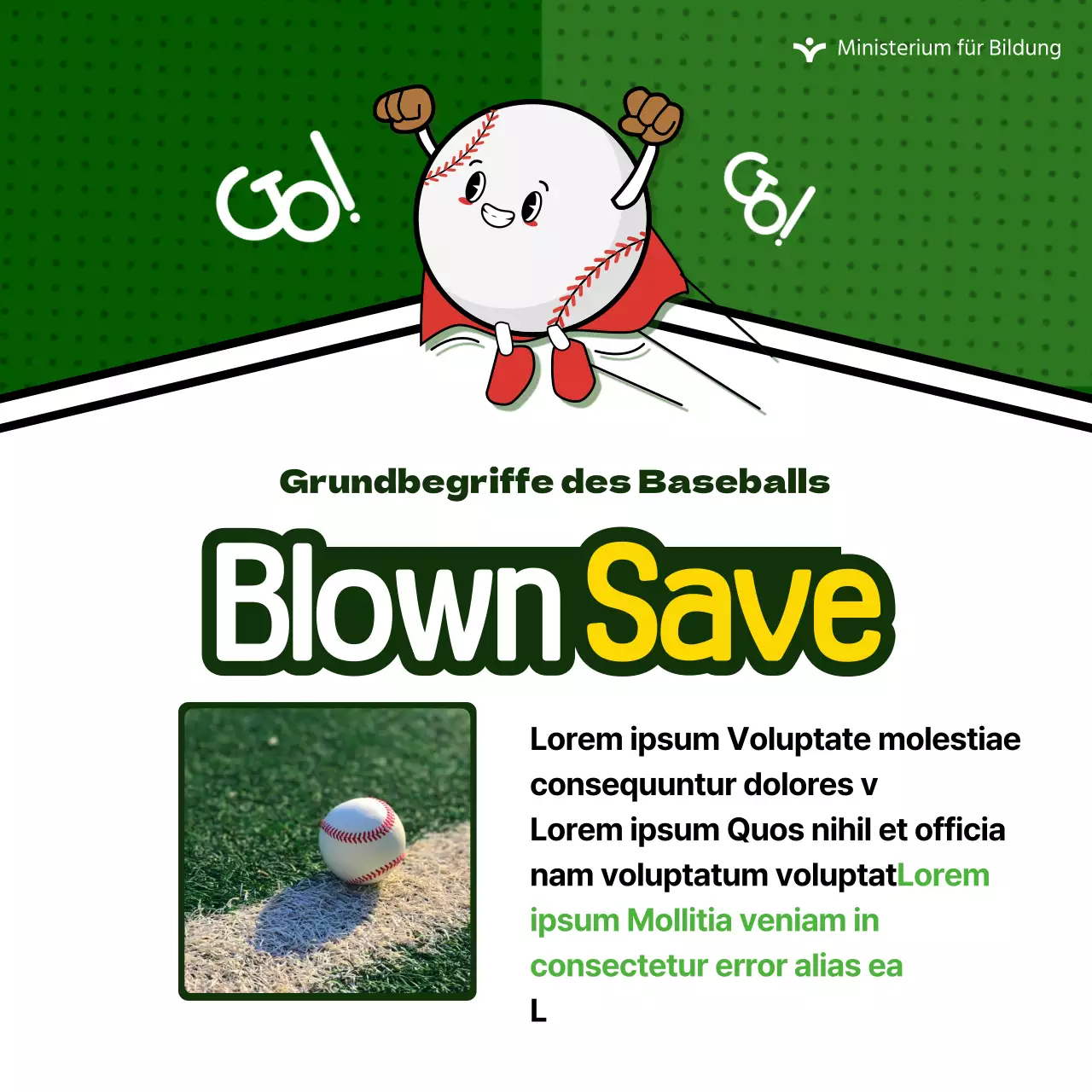 Informationen über niedliche Baseballbegriffe auf grünem Hintergrund