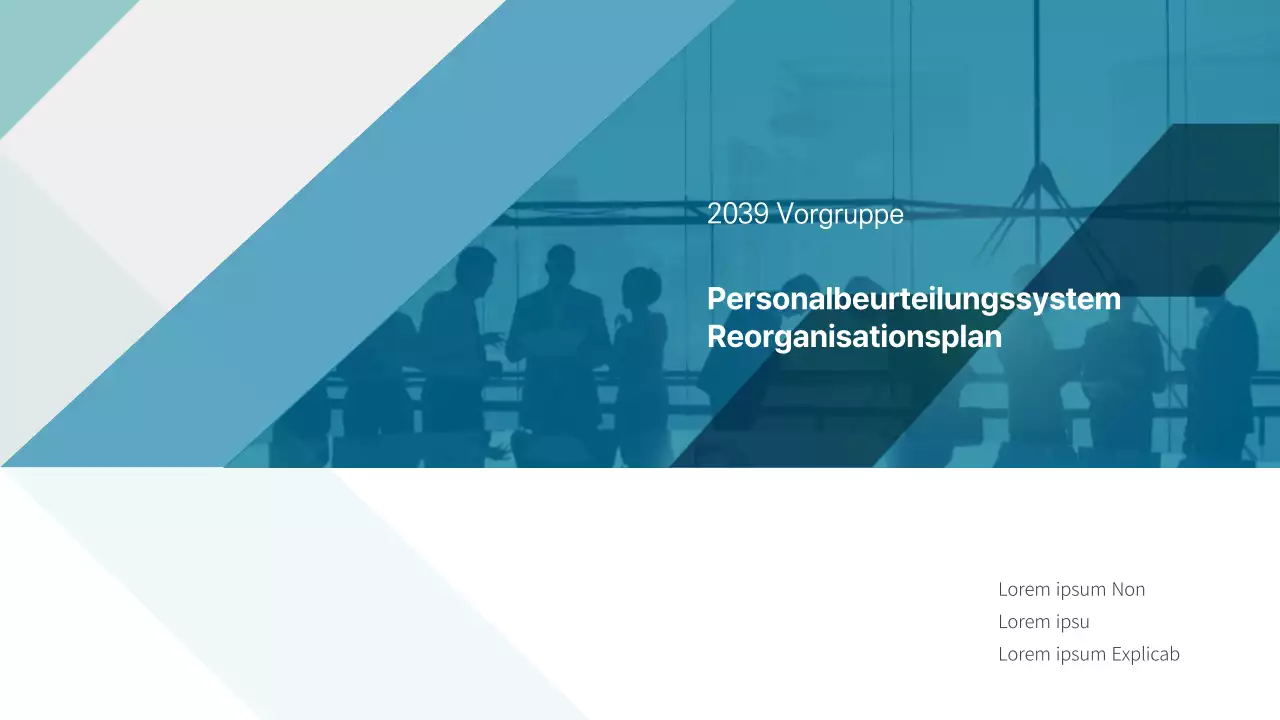 Blaugrüner und grauer Geschäftsplan für die Reorganisation des Personalbewertungssystems der Mirigroup Geschäftsplan