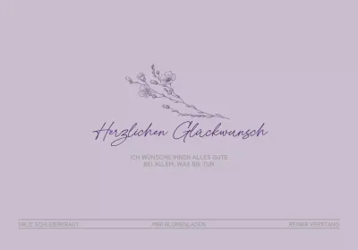 Ein Blumengeschenk mit einer lilafarbenen Blumenlinie als Glückwunsch