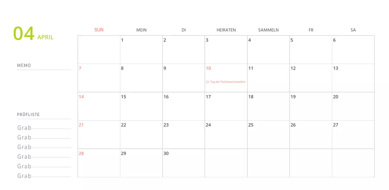 Niedlich illustrierter grüner Tischkalender mit Familienthemen