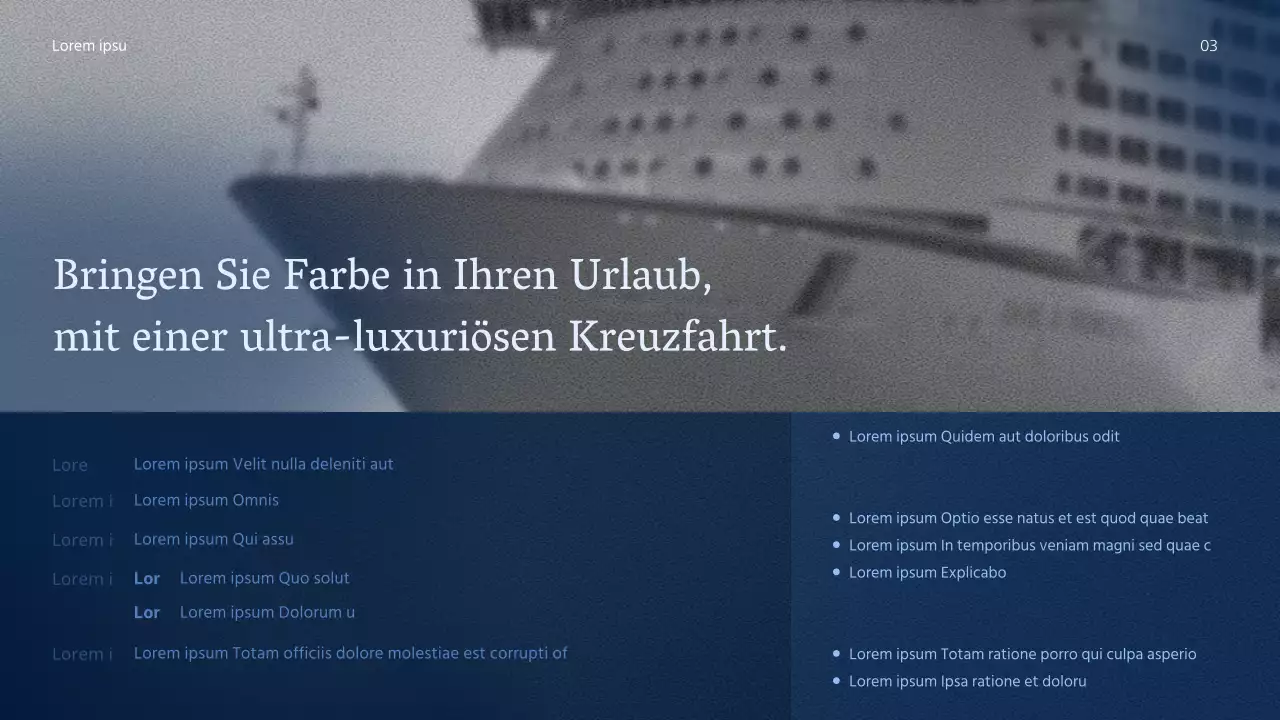 Ein einfaches, sauberes Kreuzfahrtprodukt mit tiefem Marineblau und klarem Weiß für gute Lesbarkeit