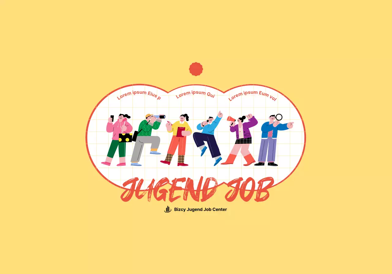 Bewerbungscenter-Konzept für junge Leute mit niedlichen gelben und roten Illustrationen