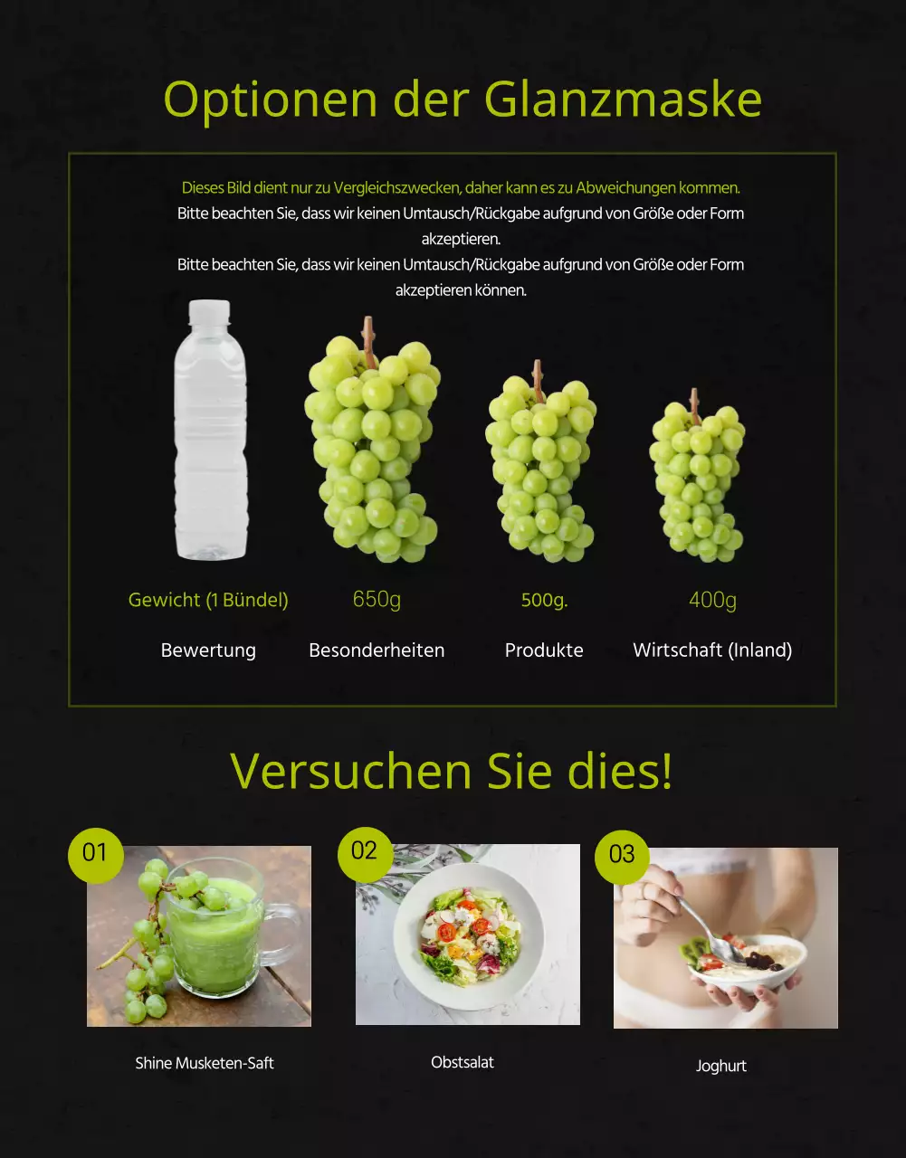 Premium-Muskat mit hohem Zuckergehalt in Schwarz und Grün für die Verkaufsförderung lokaler Landwirte Kleinunternehmen lokale Lebensmittel